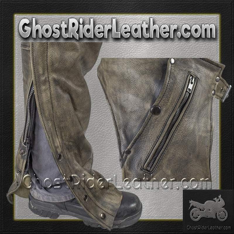 Mens Leather Chaps in Naked Distressed Brown Leather - SKU GRL-C334-12-DL