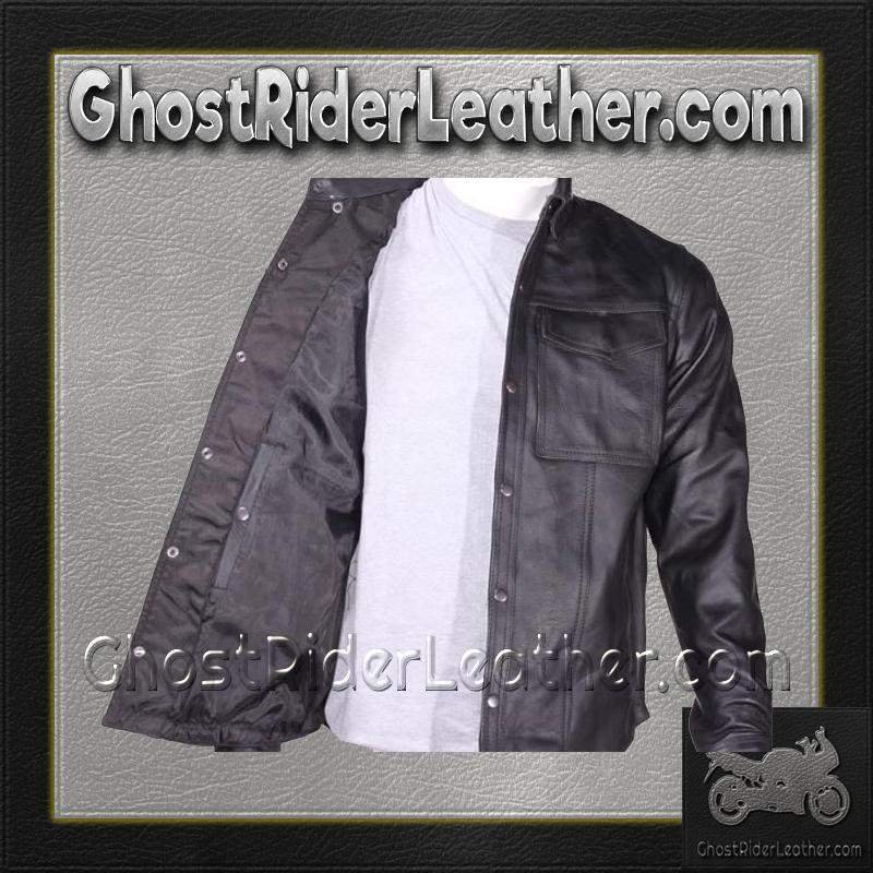 Men's Leather Shirt with Snap Closure - MJ777-SS-DL
