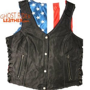 Leather Vest - Women's - USA Flag Liner - Side Laces - 6890.USA-UN