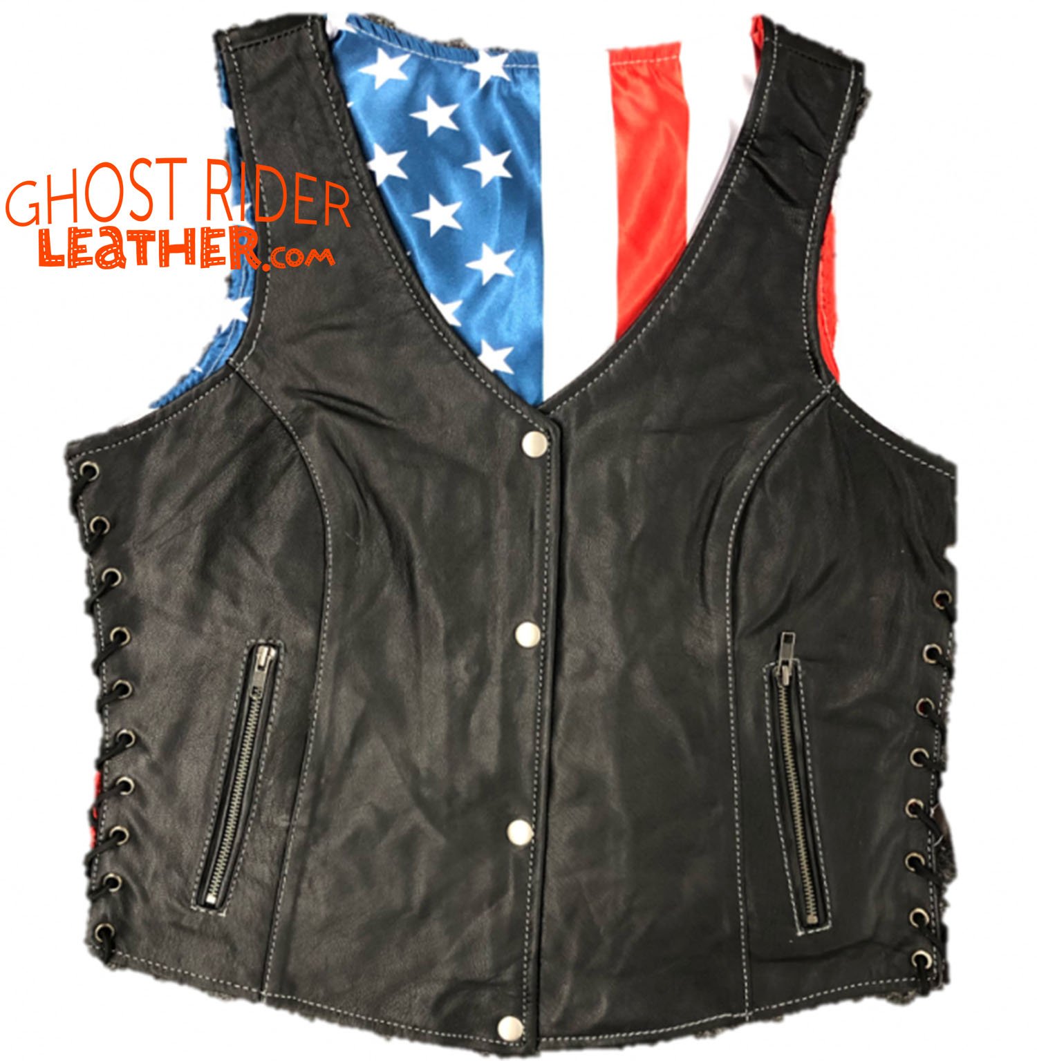 Leather Vest - Women's - USA Flag Liner - Side Laces - 6890.USA-UN