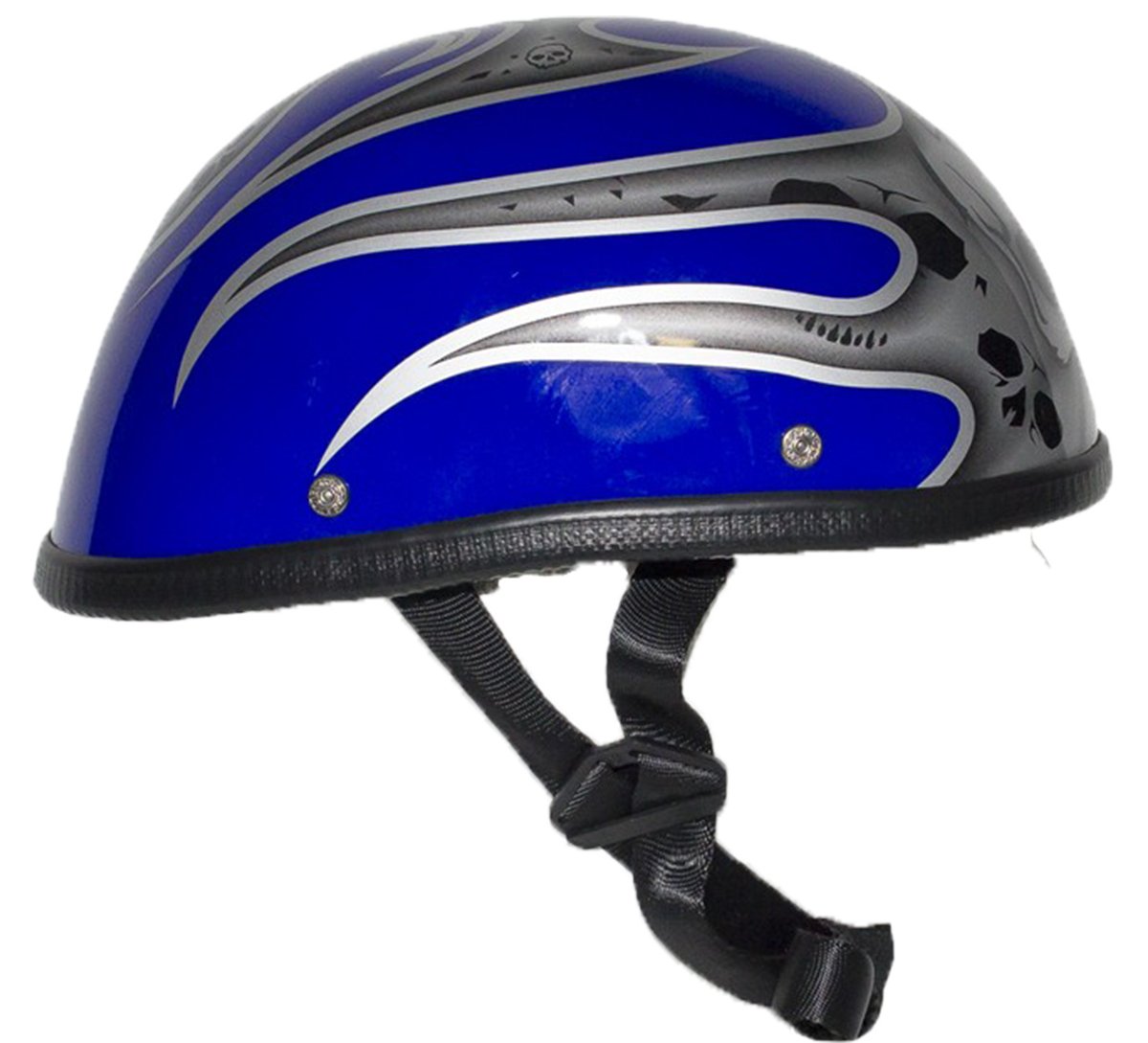 Novelty Motorcycle Helmet - Silver Skulls - Blue Flames - H401-D4-BLUE-1-DL