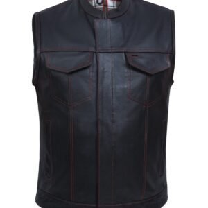 Leather Motorcycle Vest - Men's -  Black and Red Flannel Liner - 6664-01-UN