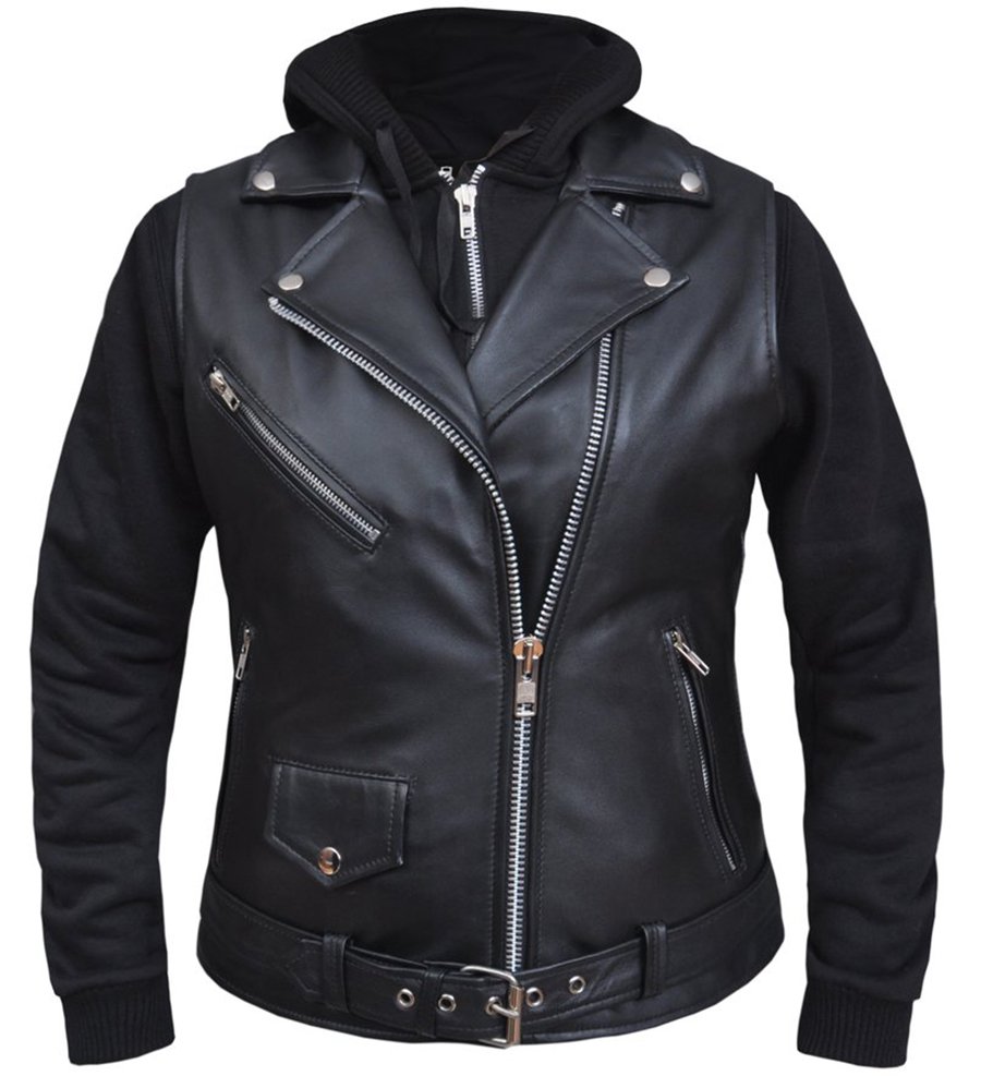 Ladies Lambskin Leather Hoodie Vest Jacket - SKU 6898-00-UN
