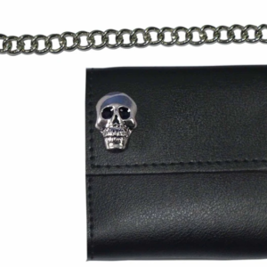 4 inch Black Leather Biker Chain Wallet With Skulls - Tri-fold - SKU 5746-SKL-UN