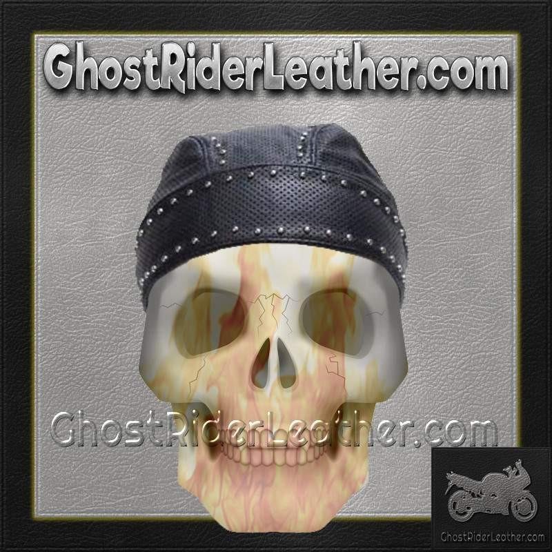 Leather Skull Cap with Studs - Biker Durag - SKU AC007-13-DL