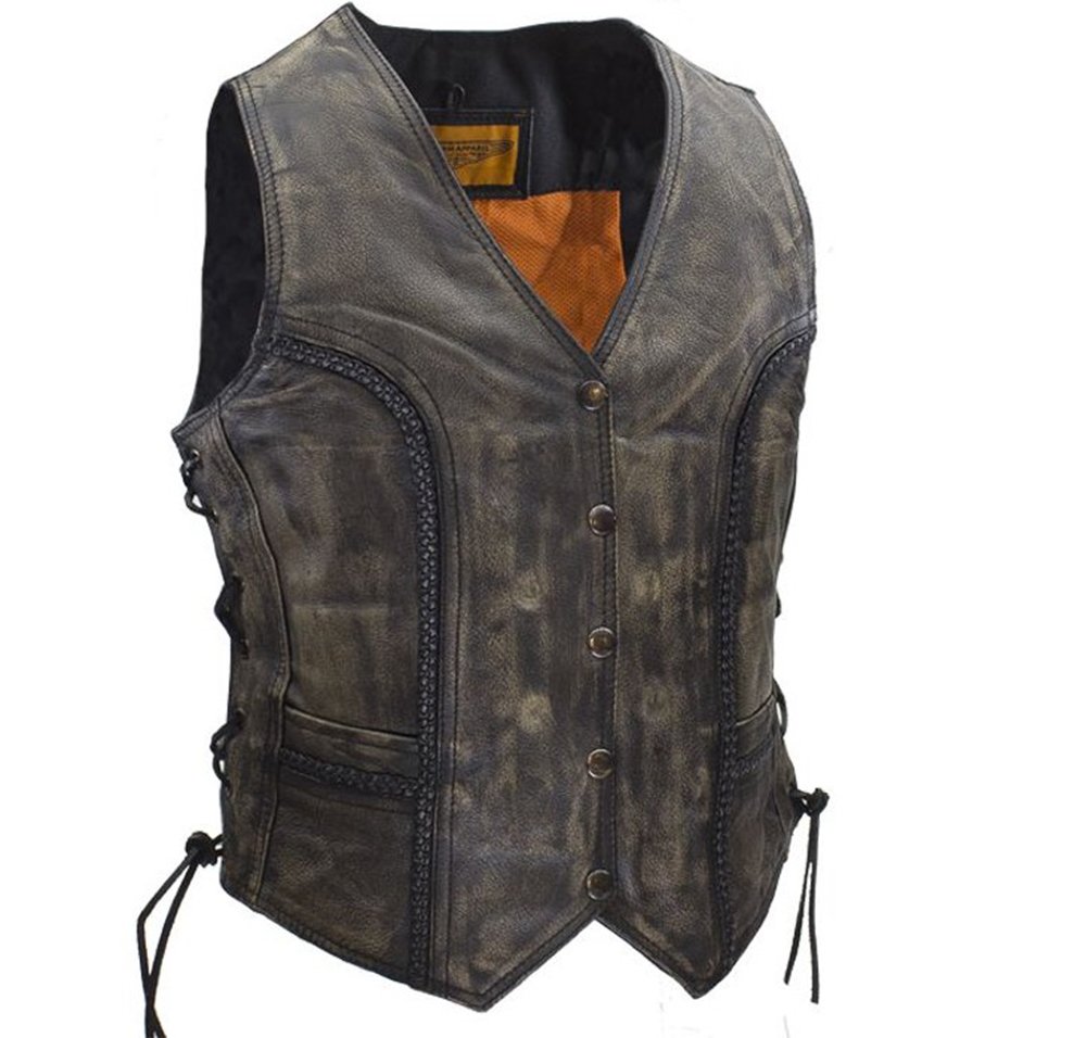 Leather Motorcycle Vest - Women's - Distressed Brown - Longer - LV221-12-LONG-DL