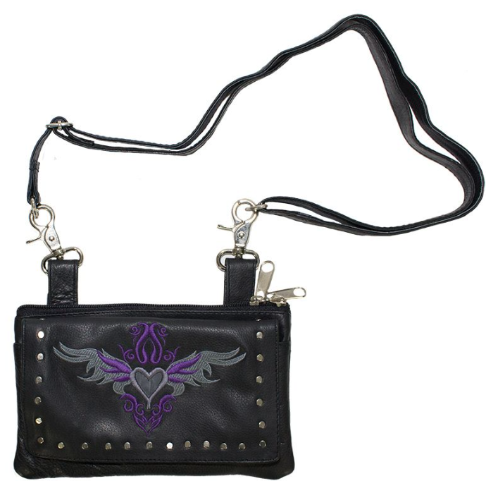 Leather Belt Bag - Purple - Heart Wings Design - Handbag - BAG35-EBL1-PURPLE-DL