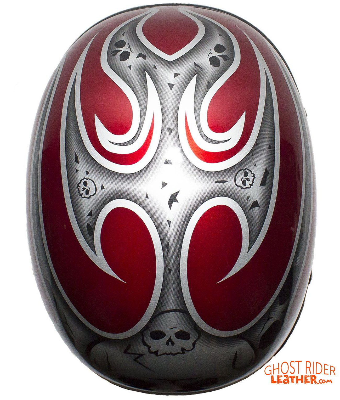 Novelty Motorcycle Helmet - Silver Skulls - Burgundy Flames - H401-D4-BURG-1-DL