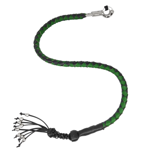 Get Back Whip - Black and Green Leather - 36 Inches - Monkey Fist and Skulls - Motorcycle Accessories - FGBW4-HS-DL