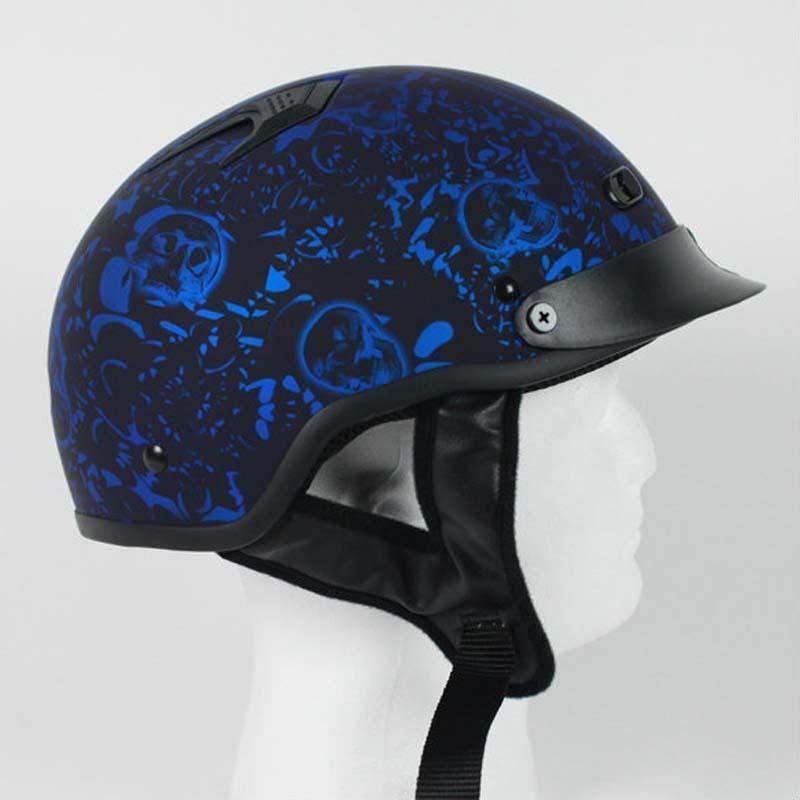 DOT Motorcycle Helmet - Flat Blue Boneyard - Skulls - Shorty - 1FBYB-HI