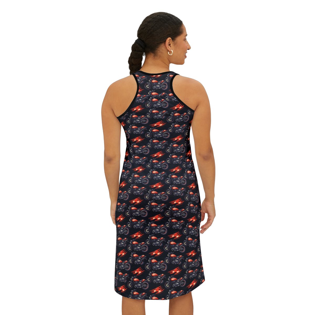 Motorcycles and Flames - Small Print - Red Orange on Black - Women's Racerback Dress (AOP)