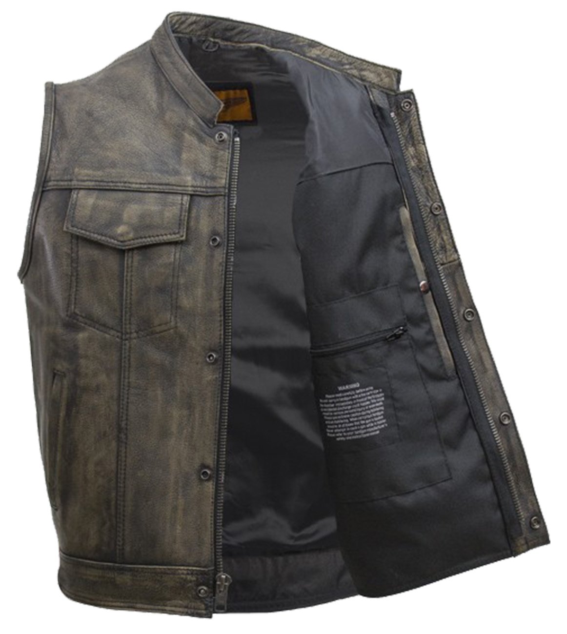 Leather Motorcycle Vest - Men's - Distressed Brown - Club - MV320-ZIP-12-DL