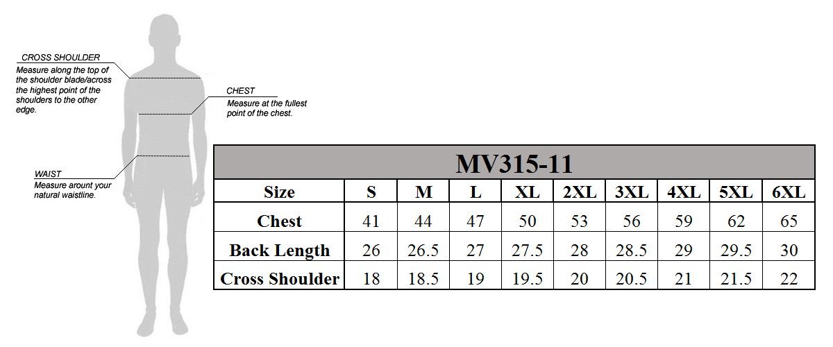 Leather Motorcycle Vest - Men's - Up To Size 5XL - Tactical - SWAT - MR-MV315-11-DL Size Chart