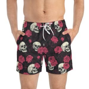 Skulls and Roses - Pink White on Black - Swim Trunks (AOP)