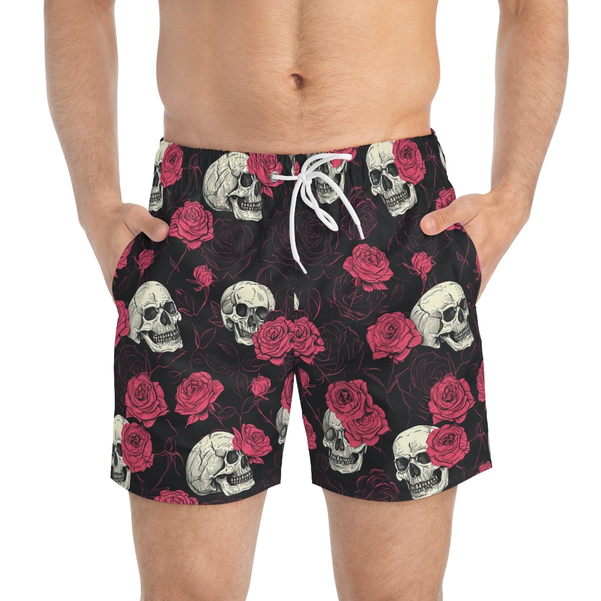 Skulls and Roses - Pink White on Black - Swim Trunks (AOP)