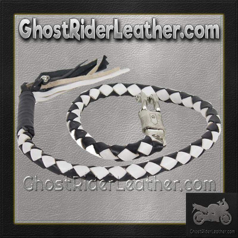 2 Inch Fat Get Back Whip in Black and White Leather - 42 Inches Long - GBW7-11-T1-DL