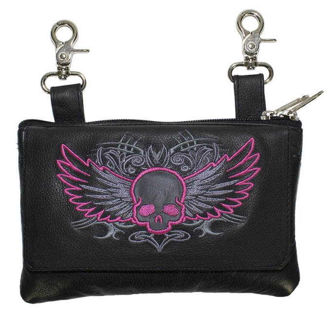 Leather Belt Bag - Pink Flying Skull Design - No Studs - Handbag - BAG35-EBL10-PINK-NS-DL