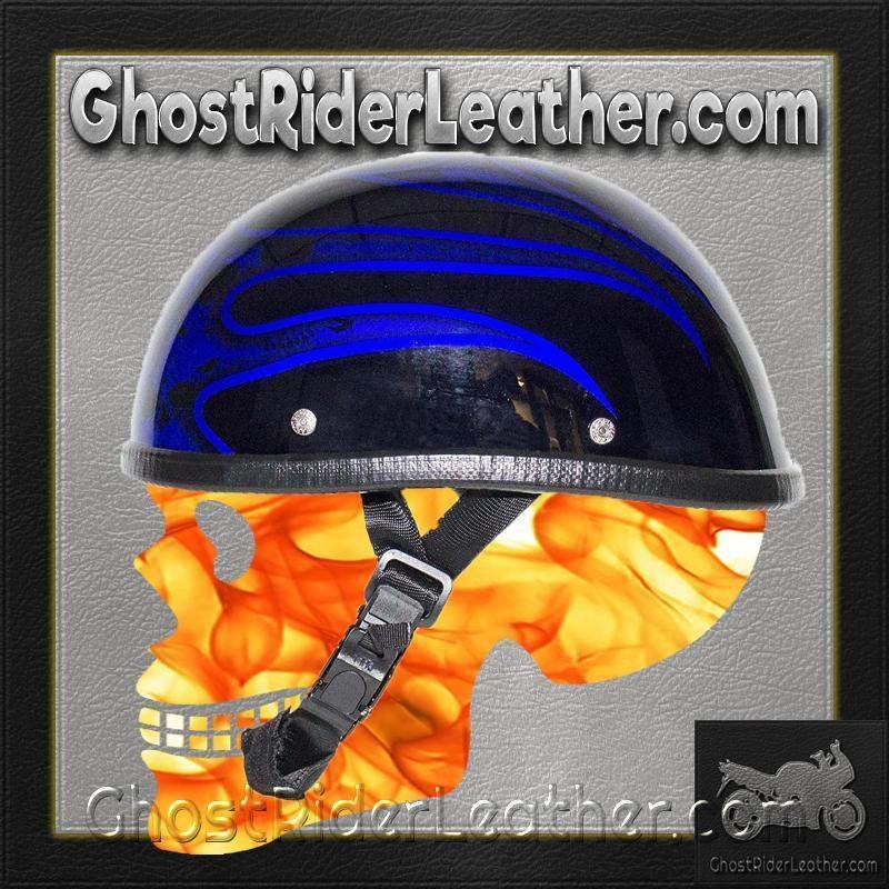 Novelty Motorcycle Helmet - Gloss Blue - Burning Skull - Shorty - H401-D4-BLUE-DL