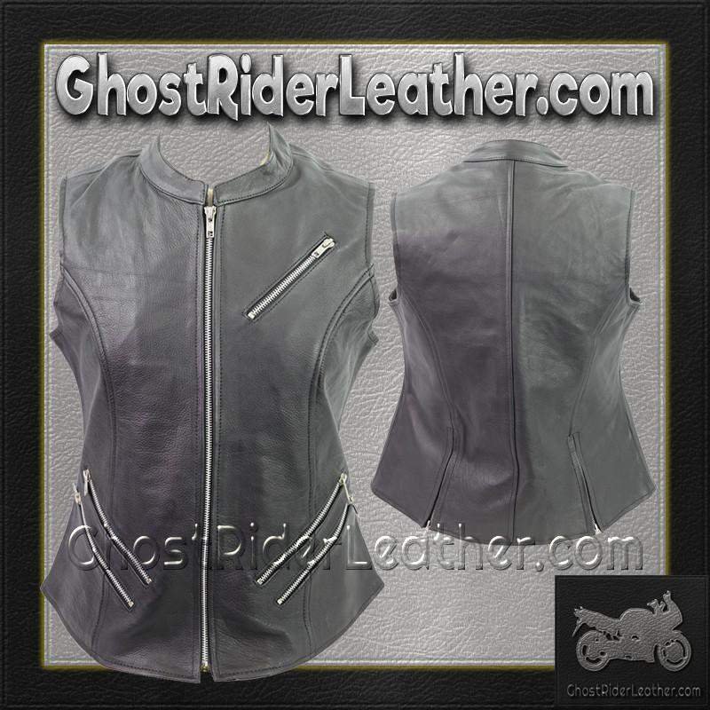 Leather Motorcycle Vest - Women's - Zipper - VL1028-VL