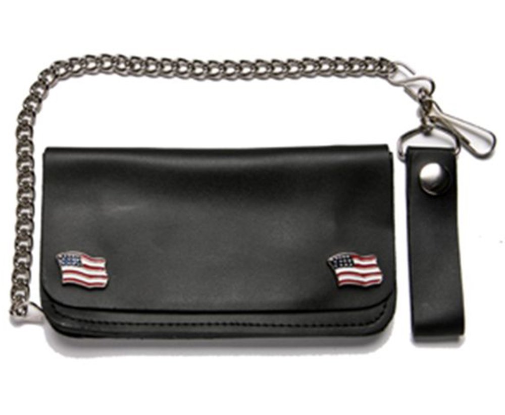 Leather Chain Wallet - Black - USA Flag Emblems - Bifold - WALLET5-DL