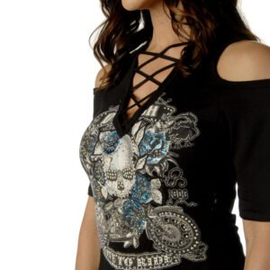 Women's Cold Shoulder Shirt - Live To Ride Skulls - 7670BLK-DS