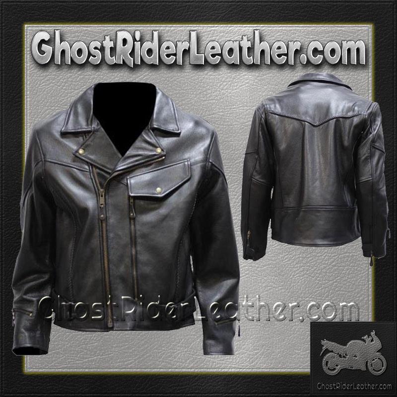 Mens Braided Pistol Pete Premium Leather Motorcycle Jacket - SKU MJ708-DL