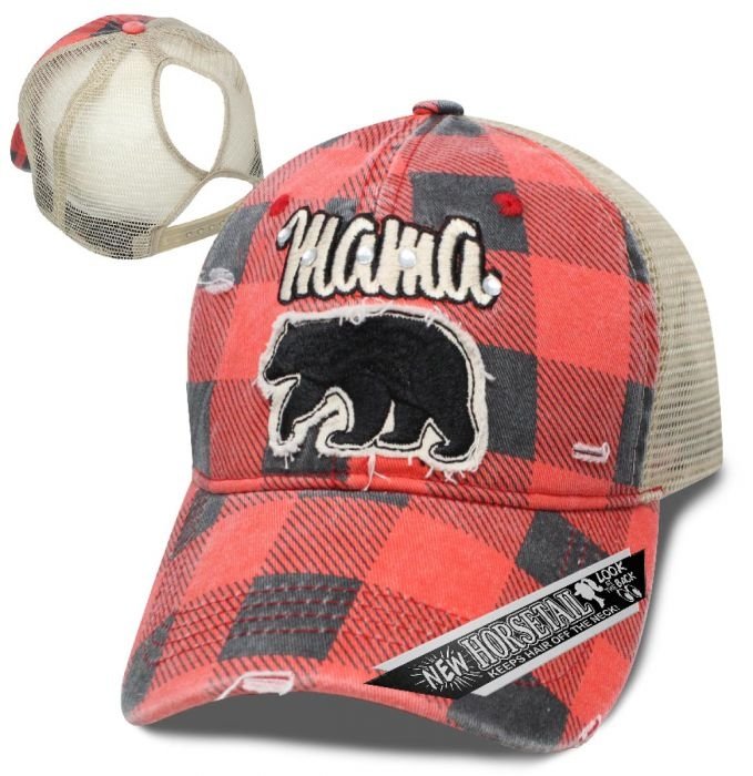 Distressed Buffalo Plaid - Ball Cap - Mama Bear - Red and Black - SHTVPM-DS