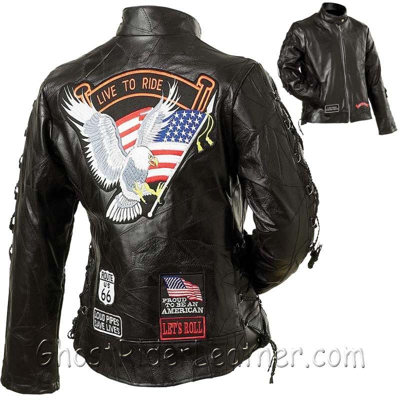 Ladies Diamond Plate Patchwork Leather Motorcycle Jacket With Patches - SKU GFLADLTRS-BN