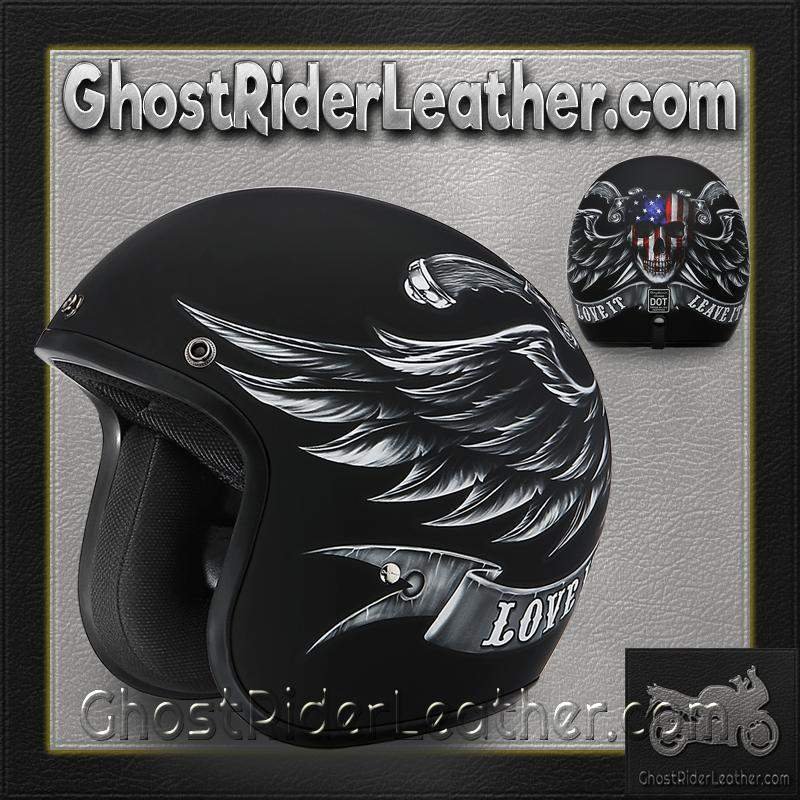 DOT Motorcycle Helmet - Skull - Love It Leave It - Open Face - 3/4 - DC6-L-DH