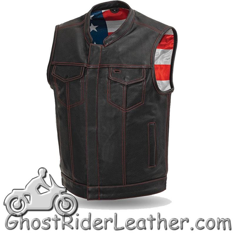 Leather Motorcycle Vest - Men's - Red Stitching - Up To Size 8XL - USA Flag Lining - FIM684CDM-FM