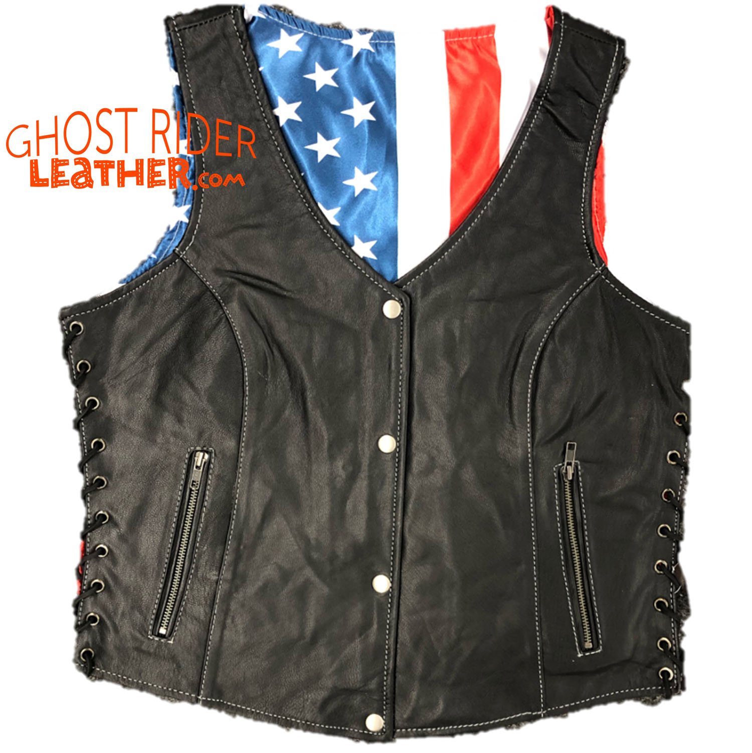 Leather Vest - Women's - USA Flag Liner - Side Laces - 6890.USA-UN