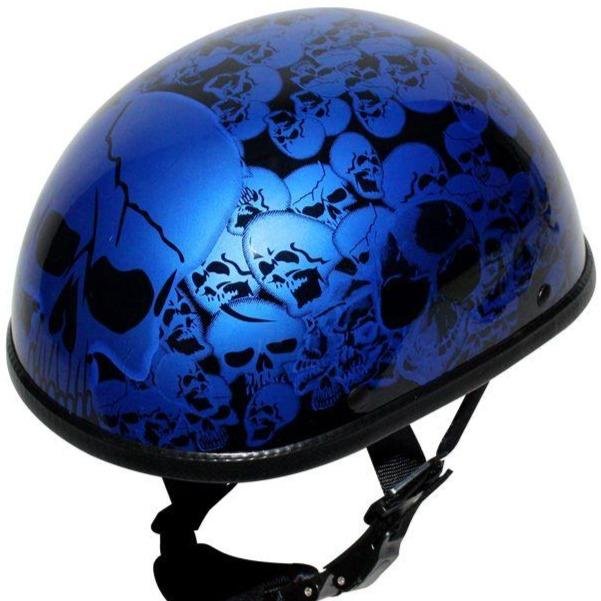 Novelty Motorcycle Helmet - Blue Skull Boneyard - Shorty - H6401-BLUE-DL
