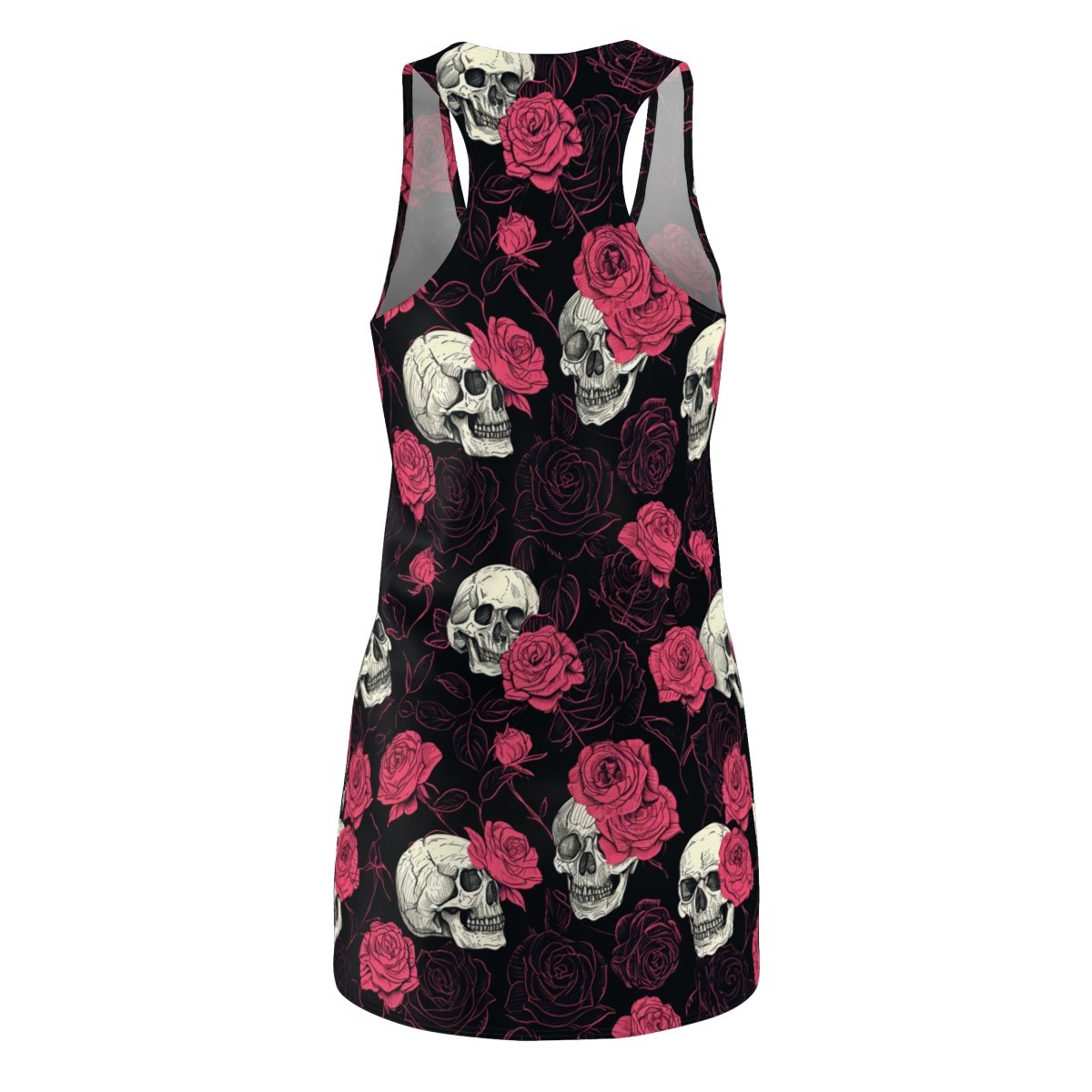 Skulls and Roses - Pink White on Black - Women's Cut & Sew Racerback Dress (AOP)