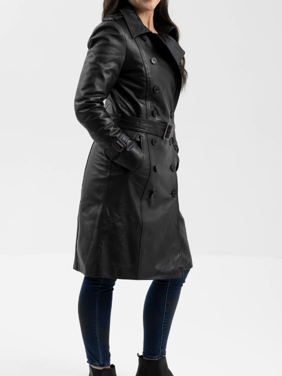 Black Leather Trench Coat - Women's - Olivia - WBL3071-FM