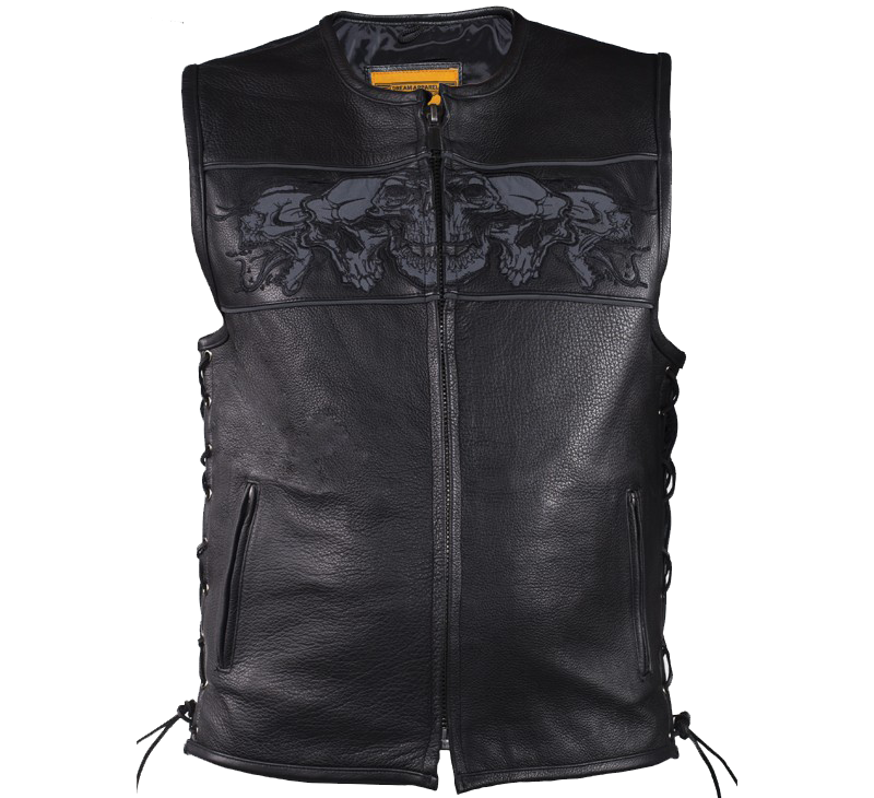 Leather Motorcycle Vest - Men's - Reflective Skulls - Gun Pockets - MV8025-11-DL