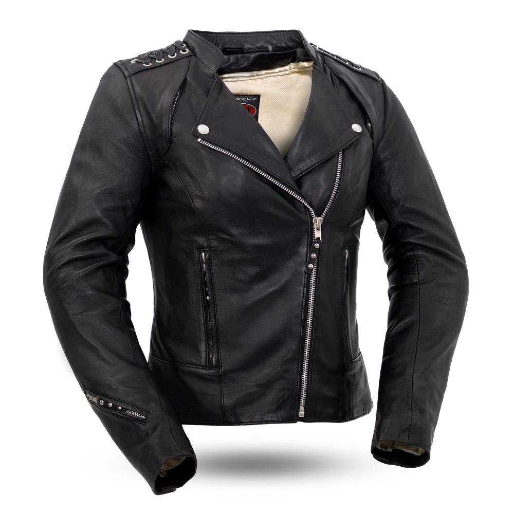 Black Widow - Women's Leather Motorcycle Riding Jacket With Lace Detail - FIL191SDMZ-FM