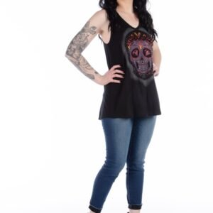 Women's V-Neck Calavera Lace Shirt - Skull - Daring Lace Back - 7551-DS