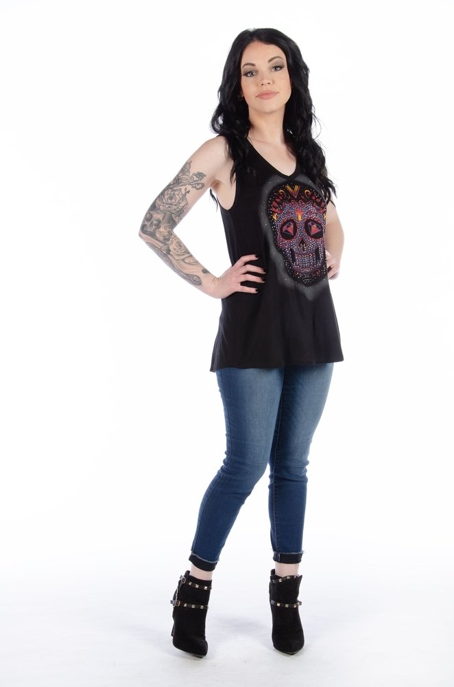 Women's V-Neck Calavera Lace Shirt - Skull - Daring Lace Back - 7551-DS