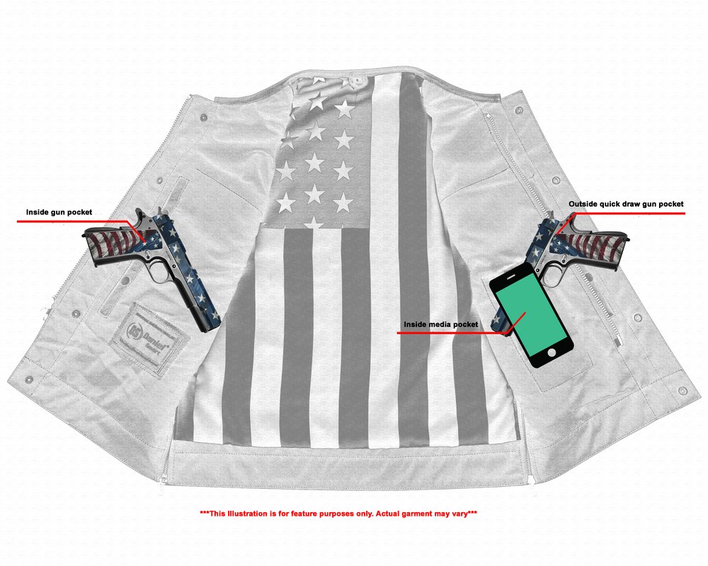 Leather Motorcycle Vest - Men's - USA Flag Liner - Gun Pockets - Up To 8XL - DS155-DS