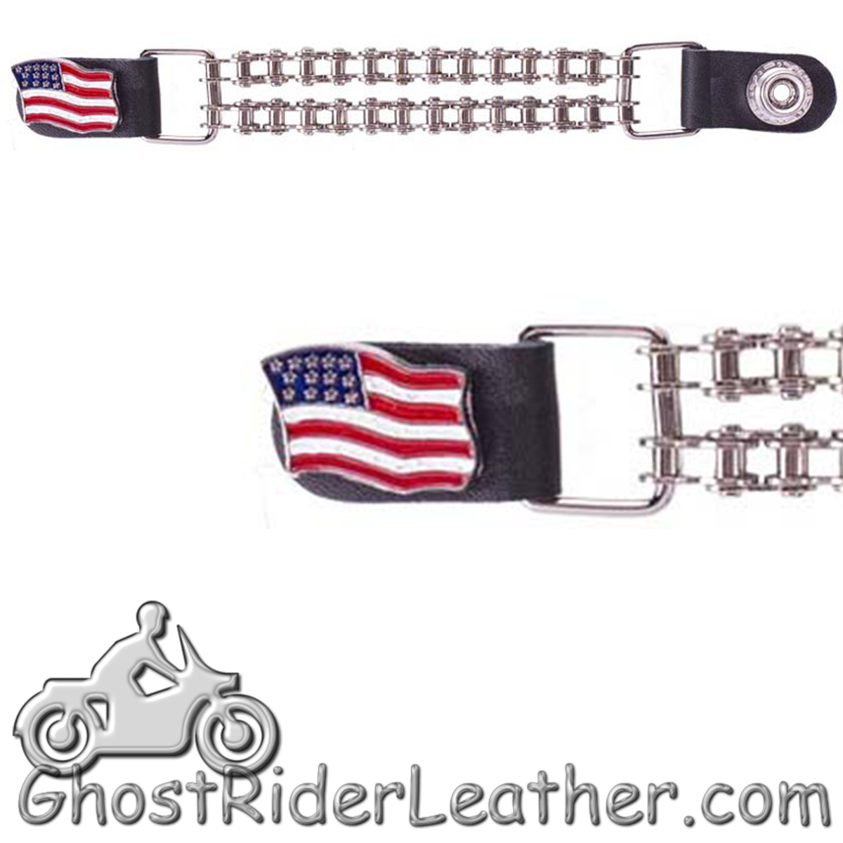 USA Flag Vest Extenders with Chrome Motorcycle Chain - One Single - AC1058-BC-DL-1
