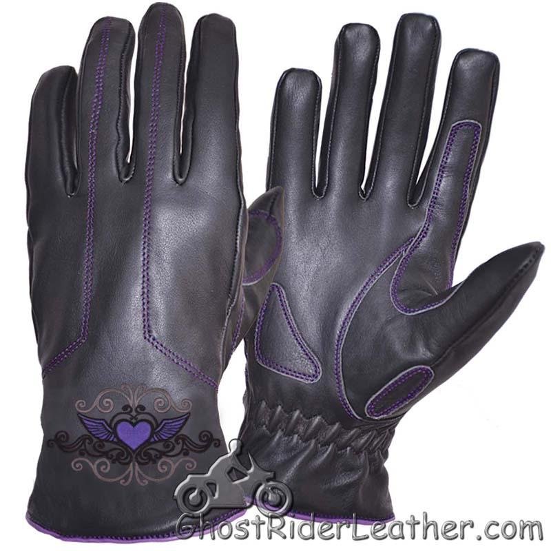 Women's Full Finger Leather Motorcycle Riding Gloves With Purple Stitching - SKU 8144.17-UN