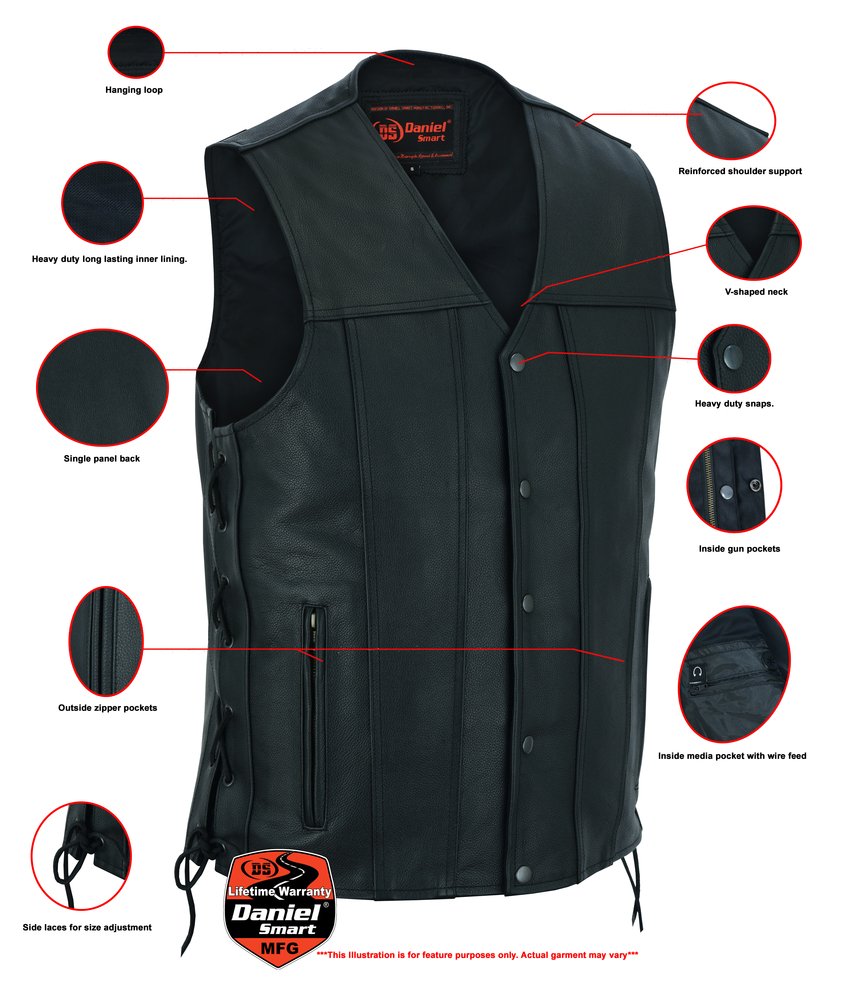 Leather Motorcycle Vest - Men's -Up To Size 8XL - Tapered Bottom - Big and Tall - DS161-TALL-DS