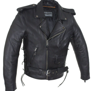 Leather Motorcycle Police Style Jacket with Side Laces and Vents - Up To Size 72 - SKU MJ201-SS-DL