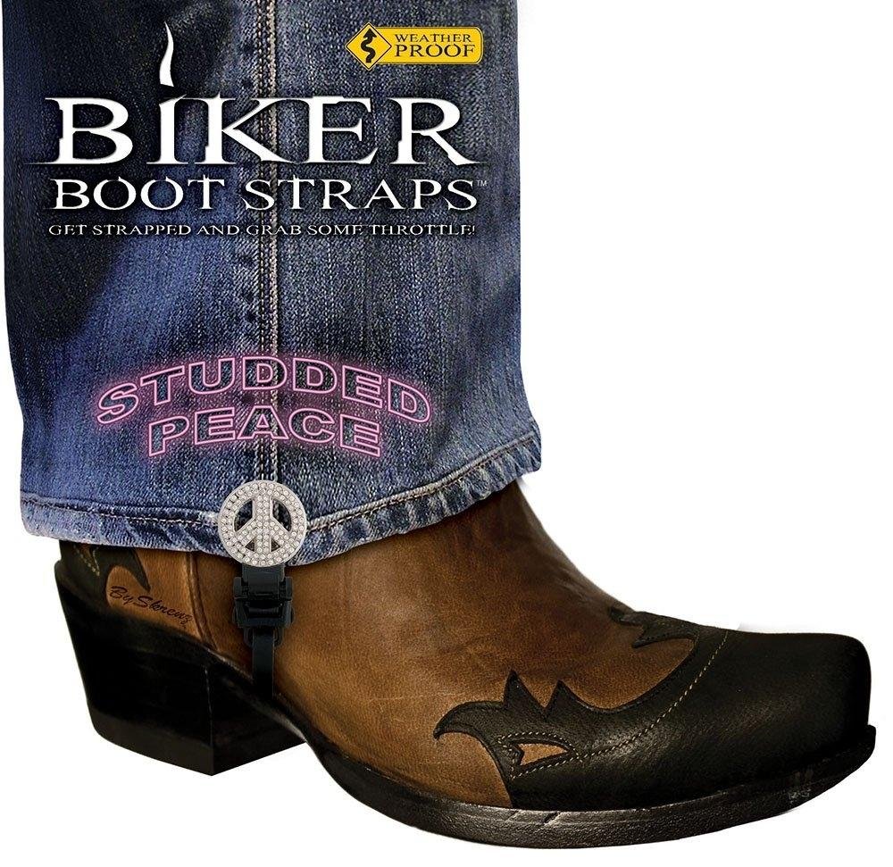 Dealer Leather Pair of Biker Boot Straps - 4 Inch - Studded Peace Sign - Motorcycle - BBS-SP4-DS