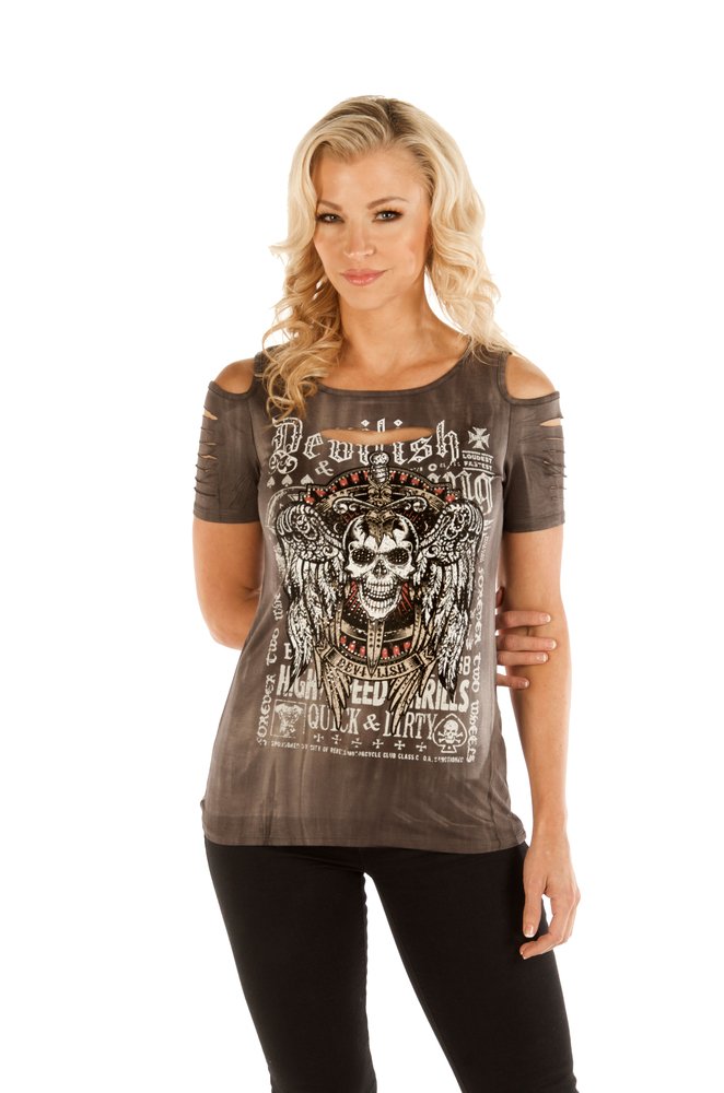 Women's Sliced Front Shirt - Devilish Design - 7725GRY-MW-DS