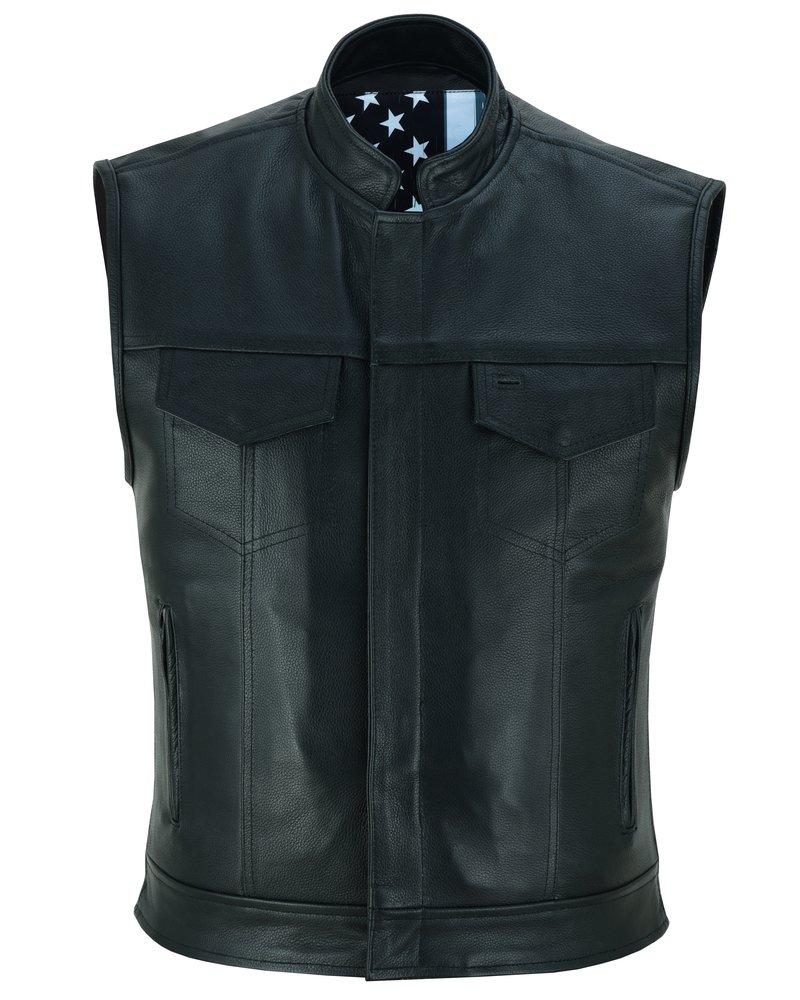 Leather Motorcycle Vest - Men's - Flag and Skull Lining - Club - Up To 8XL - DS193-DS