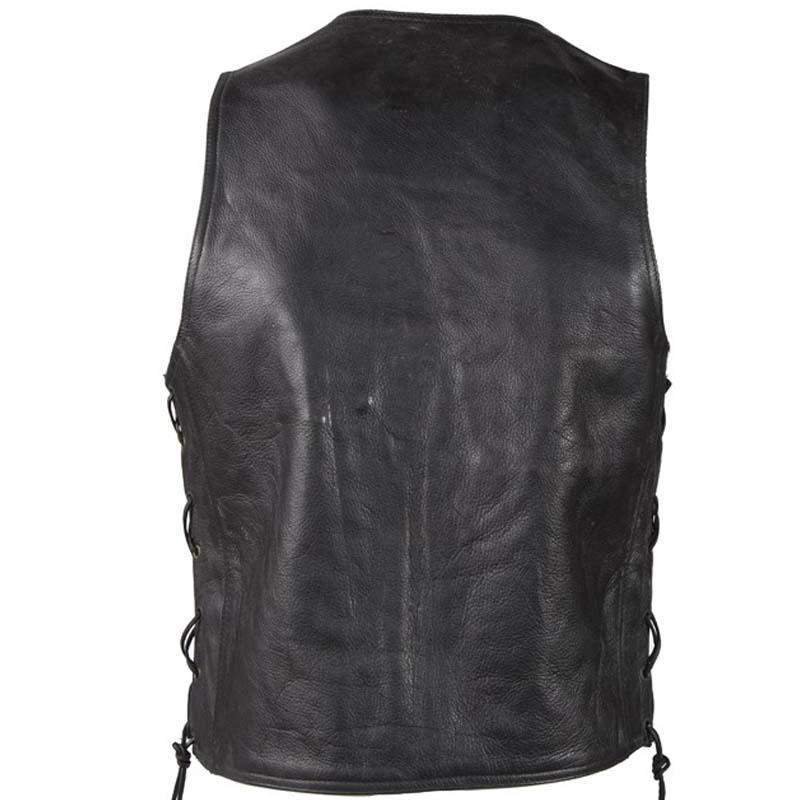 Leather Motorcycle Vest - Men's - Zipper Front - 10 Pockets - Side Laces - MV310-ZIP-11-DL