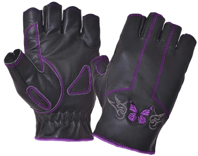 Women's Fingerless Leather Motorcycle Gloves - Purple Butterfly Design - SKU 8363-17-UN