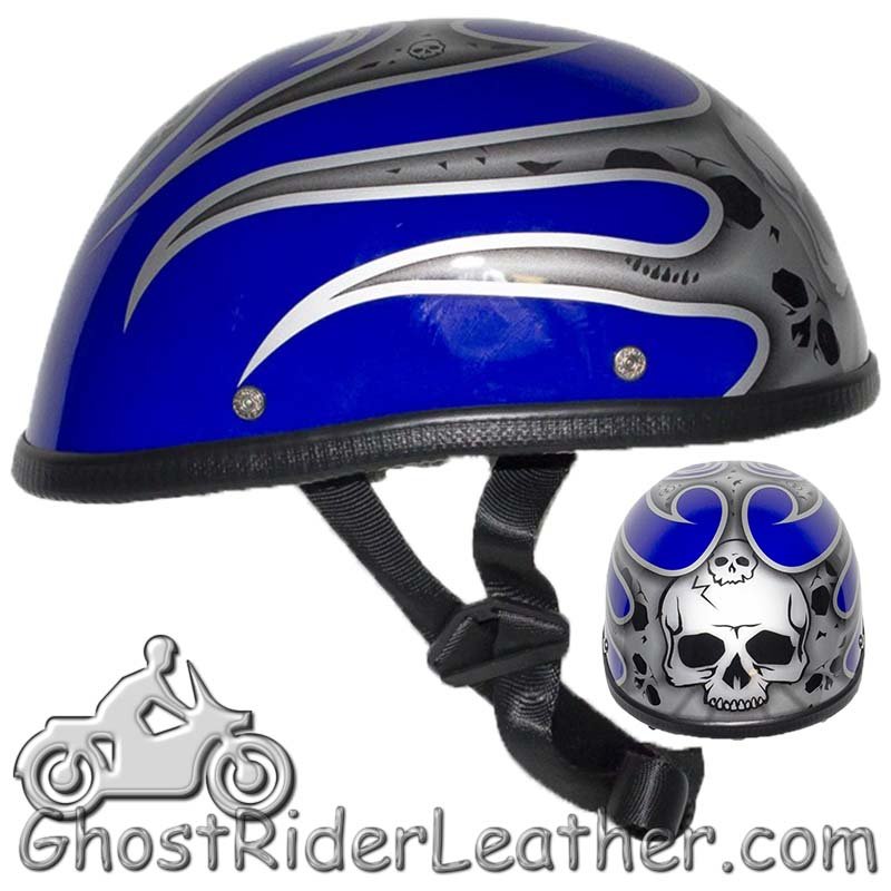Novelty Motorcycle Helmet - Silver Skulls - Blue Flames - H401-D4-BLUE-1-DL