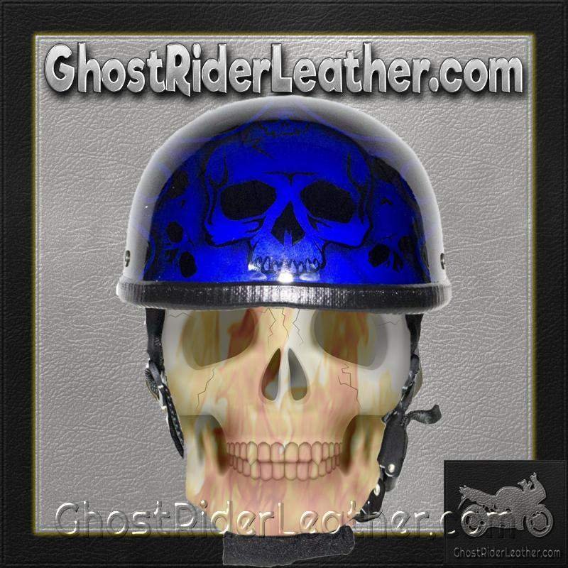 Novelty Motorcycle Helmet - Gloss Blue - Burning Skull - Shorty - H401-D4-BLUE-DL